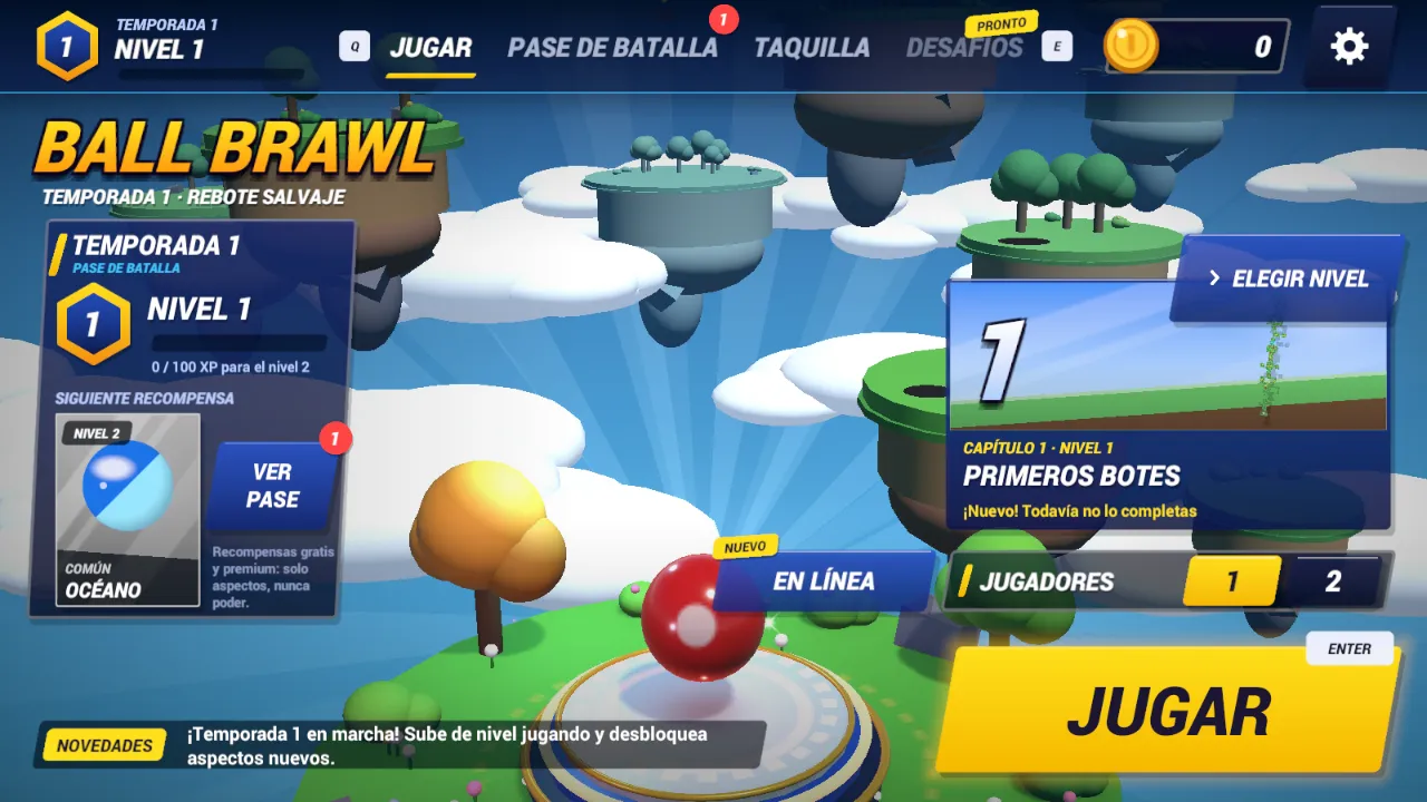 Menú principal del primer día: la bola roja sobre un pedestal y el botón JUGAR.