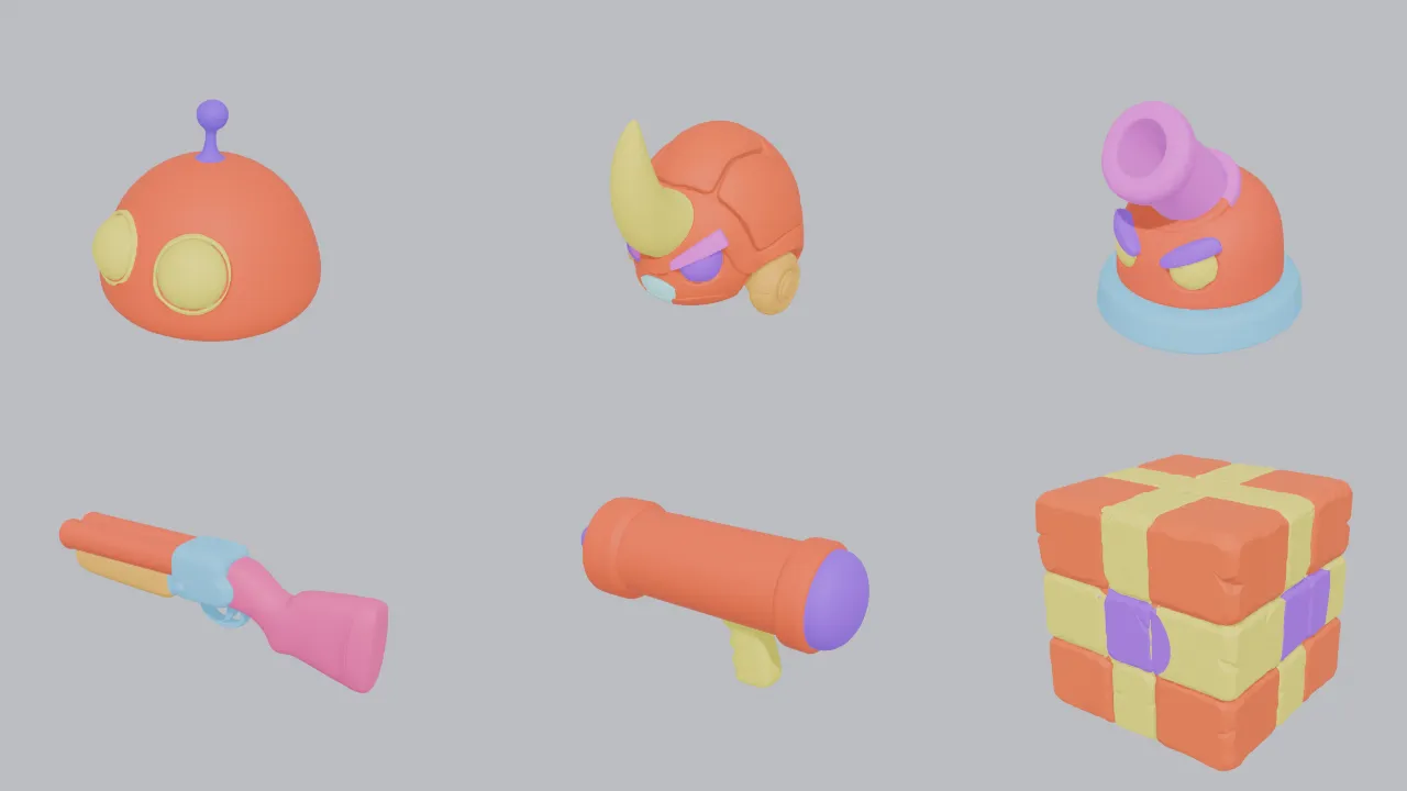 Seis modelos de Meshy (enemigos, armas y un bloque) con cada pieza pintada de un color distinto.