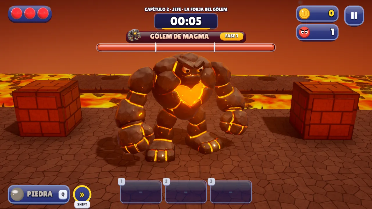 El Gólem de Magma, de roca oscura con grietas de lava encendidas, en su arena.