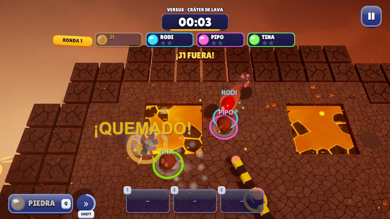Partida de versus en el Cráter de Lava con cuatro pelotas y el aviso ¡QUEMADO!