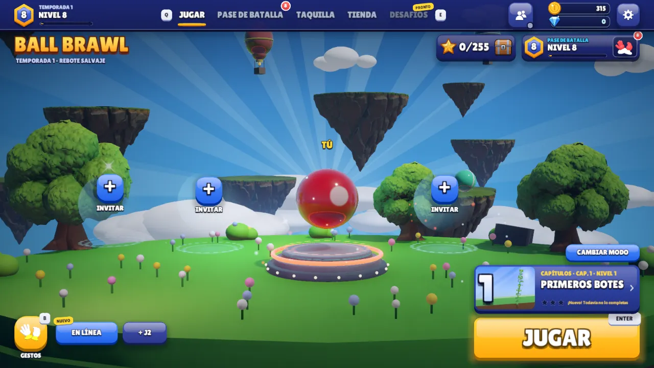 Después: lobby más limpio con la bola en el escenario y lugares para invitar amigos.